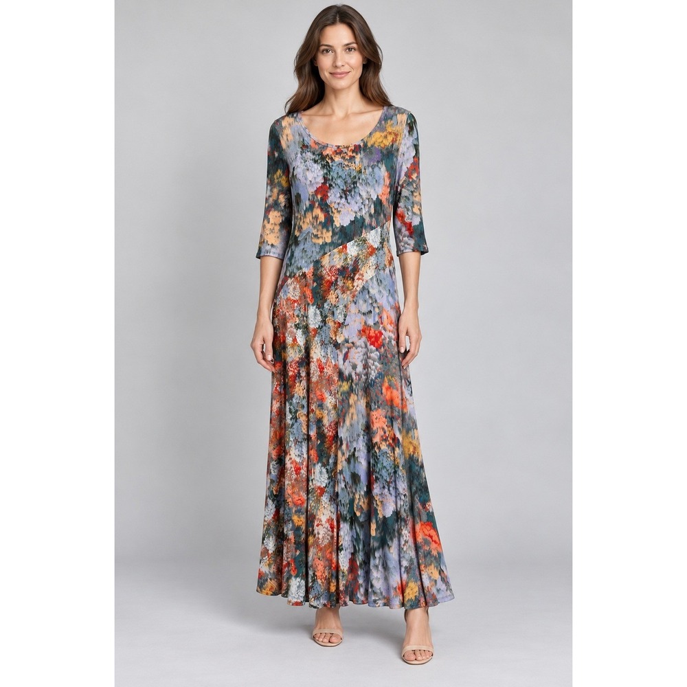 Soft Surroundings Maxi Dress Floral Elbow Sleeve Multi Color L Boho Artistic Art